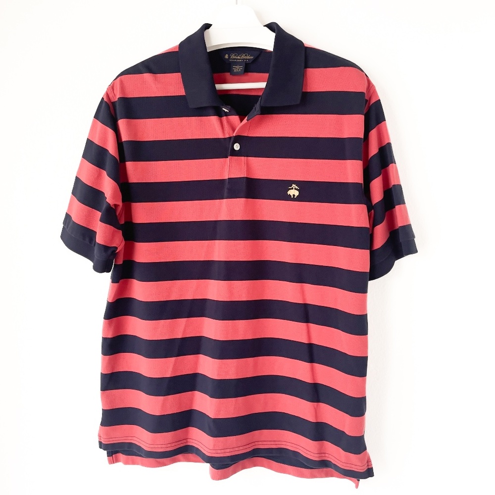 Brooks Brothers 100% Cotton Polo Shirt Striped in Navy Blue & Salmon Men's Large